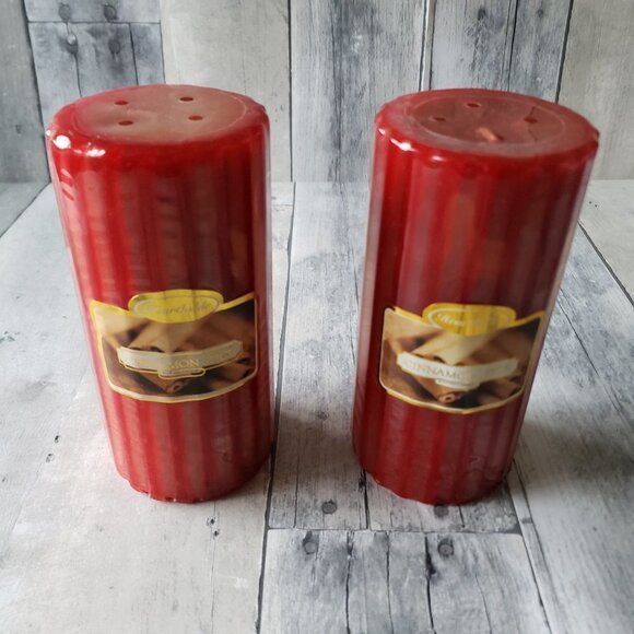 (Set of 2) Wax Burning Red Pillar Fluted Edges Candles - Cinnamon Spice Scent - Picture 1 of 5